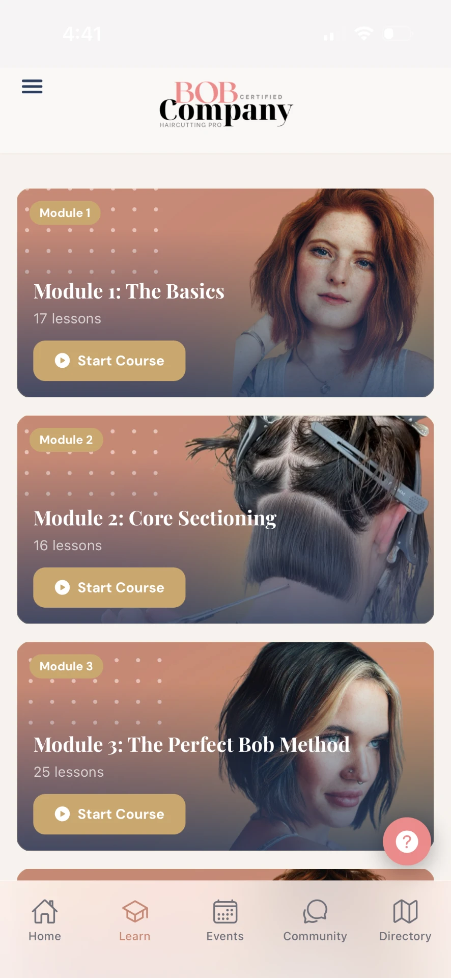 The Bob Company app dashboard showing Module 1: The Basics, Module 2: Core Sectioning, and Module 3: The Perfect Bob Method